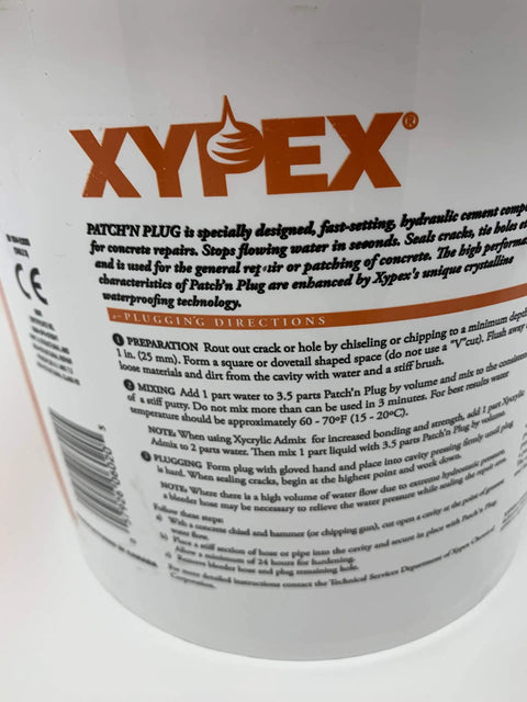 Close-up of Xypex packaging showing instructions for Concrete Patch Plug For Waterproof Repairs Quick Set Sealant For Small Cracks
