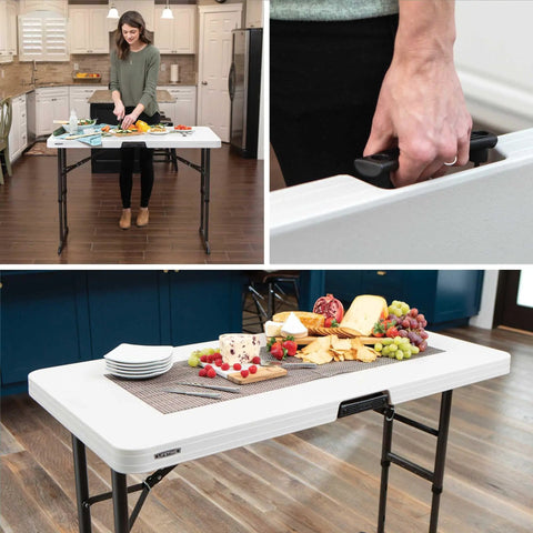 Commercial Adjustable Folding Table For Indoor And Outdoor Use 4 Foot Surface With Solid Seamless Top Height Settings Of 24 29 And 34 Inches Lightweight Durable HDPE Top With Powder Coated Steel Frame Almond, kitchen use