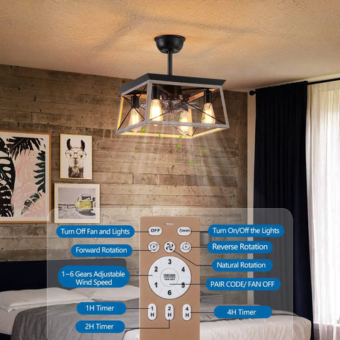 Rustic Farmhouse Caged Ceiling Fan With Light and Remote in bedroom setting illustrating control functions, vintage industrial design.