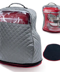 Heavy Duty Stand Mixer Cover With Smooth Glide Appliance Sliders For No Sweat Kitchen Moves And Hella Sturdy Dust Seal With Spacious Accessory Pockets For All Standard Mixers in grey quilted nylon with clear front.