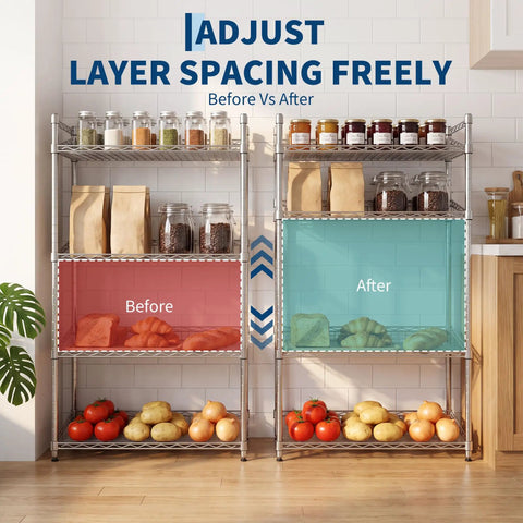 Rock Solid 4 Tier Adjustable Wire Storage Rack Heavy Duty Steel Industrial Shelving with jars and food items organized