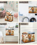 Autumn Theme Fabric Storage Basket For Standard Shelving And Closets Hella Durable Canvas Organizer Bin with strong handles in children's room.