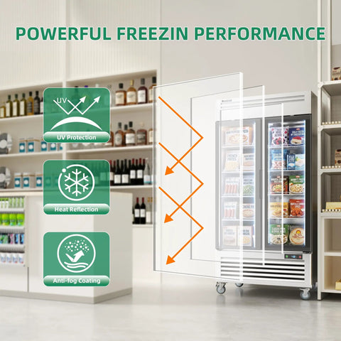 Heavy Duty Commercial Upright Display Freezer With Tempered Glass Door showing features like UV protection and anti-fog coating.
