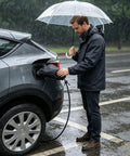 Man using Magnetic EV Port Protector Hella Waterproof Plug Cover on electric vehicle charging port during rain.