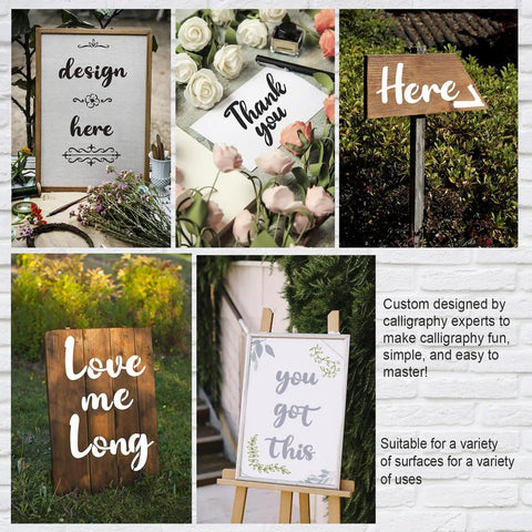 Displays from the Go To Calligraphy Stencil Kit With 50 Pieces Large 4 Inch And Small 2 Inch Alphabet Stencils Numbers And Floral Designs Reusable Plastic Templates For Arts And Crafts Painting On Wood used on various signs and surfaces