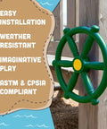 Kickstart Your Yard Adventure With This Solid 12 Inch Green Pirate Wheel Playground Gear, mounted on wood, easy installation.