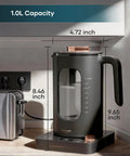 Front view of Electric Tea Kettle With Tea Infuser, One Degree Fahrenheit Precision, 1200W Rapid Heating, BPA Free Glass, 1 Liter Capacity, No Fuss Clean Up, Dark Gray Finish.