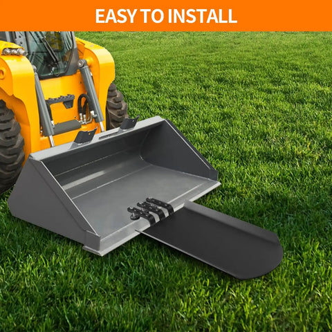 Clamp On Quick Spade Attachment for Skid Steer Buckets and Pallet Forks 46 Inch By 19 Inch Heavy Duty Built Tough Shovel with Integrated Chain Hook attached to skid steer bucket on grass.