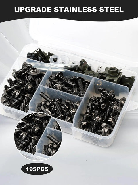 Pro Grade Motorcycle Fairing Bolt Kit Titanium Stainless Steel Universal Sportbike Fasteners M5 M6 Hardware Upgrade For Street Whips And Track Runs showing 195 pieces in a container.