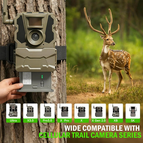 Reliable 2 Pack Rechargeable Lithium Battery For Trail Cameras attached to a tree, with deer in the background, showcasing outdoor use.