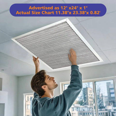 Man installing a Merv 8 reusable air filter for AC HVAC units, size 12"x24"x1", featuring aluminum mesh for dust control.