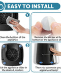 Step-by-step guide showing installation of Self Adhesive Appliance Sliders 24 Pack for easy appliance movement.