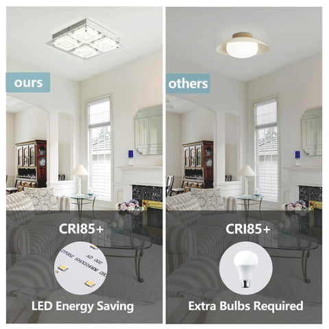 LED Crystal Flush Mount Ceiling Light Dimmable Glass Fixture Dope Look For Kitchen Island Hallway Bedroom And Bathroom Modern Square Design 4000K 24W High Refractive Crystal For Elegant Home Lighting in a room comparison with traditional light.