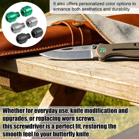 Get That Slick Grip On Your Blade With These Heavy Duty Replacement Thumb Studs Made For The Benchmade 535 Bugout To Guarantee Quick Deployment And Crisp Handling In Silver Black And Green For EDC Fans on a wooden table with colored thumb studs and a knife.