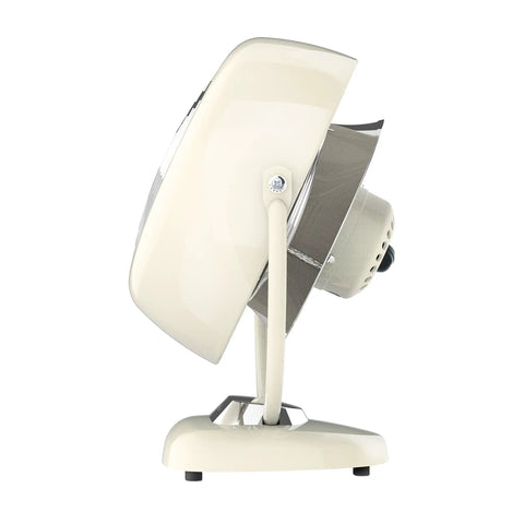 Fresh Retro Metal Air Circulator Fan For Bedroom Office Or Dorm Room Featuring Three Speed Settings And Tilt Control, side view showing tilt adjustment.