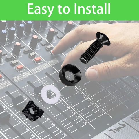 Heavy Duty M6 X 16 Millimeter Rack Mount Hardware Kit Including Square Cage Nuts Strong Screws And Nylon Lock Washers For Server Cabinets And Network Racks - Fasteners displayed on audio mixer.