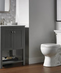 Bathroom with Linden Centerset Chrome Bathroom Faucet With Diamond Seal Technology on gray vanity next to white toilet.