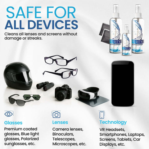 Purity eyeglass lens cleaner kit with three spray bottles (2x8 oz, 1x2 oz) and microfiber cloths for glasses and screens
