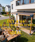 15 Degree 4 Way Pergola Bracket Kit for 4x4 Posts to Beams installed on porch with group dining, highlighting DIY slant roof use