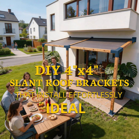 15 Degree 4 Way Pergola Bracket Kit for 4x4 Posts to Beams installed on porch with group dining, highlighting DIY slant roof use