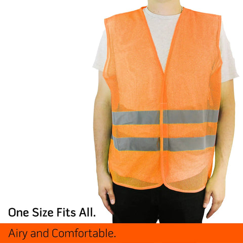 Bulk Pack Reflective Safety Vests High Visibility Orange Mesh For Men And Women, shown front view on a person, lightweight and breathable.