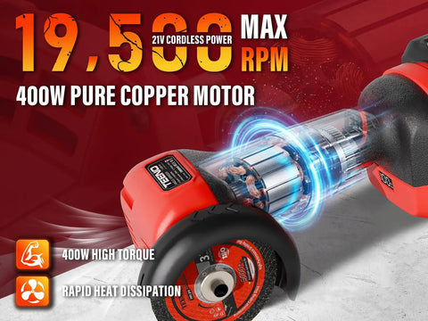 Power Through Demanding Jobs With This Heavy Duty 3 Inch Cordless Angle Grinder Featuring A Badass 21V Battery Setup And Slick Lcd Display For Hassle Free Cutting. Close-up of 400W motor showcasing copper coils.