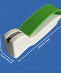 Portable Handheld Knife Sharpener With V Notch Edge Restorer dimensions and green handle on blue background