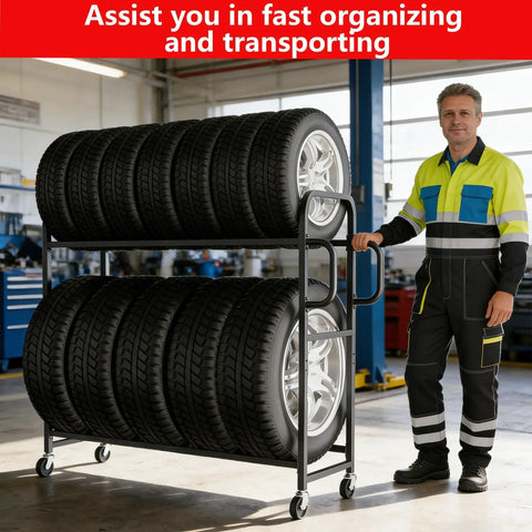 Heavy Duty Tire Rack With Adjustable Crossbars And Slick Swivel Casters Real American Heavy Lifter For Garage Organization showcasing tires on wheels.