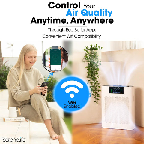 Dead Quiet Smart Air Purifier For Home serving crisp clean vibes in large room with WiFi app control and air quality display.