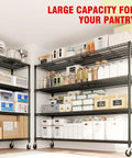 Built Different 4 Tier Metal Shelving Unit With Smooth Rolling Wheels, featuring an organized pantry setup with various containers.