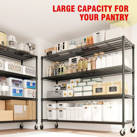 Built Different 4 Tier Metal Shelving Unit With Smooth Rolling Wheels, featuring an organized pantry setup with various containers.