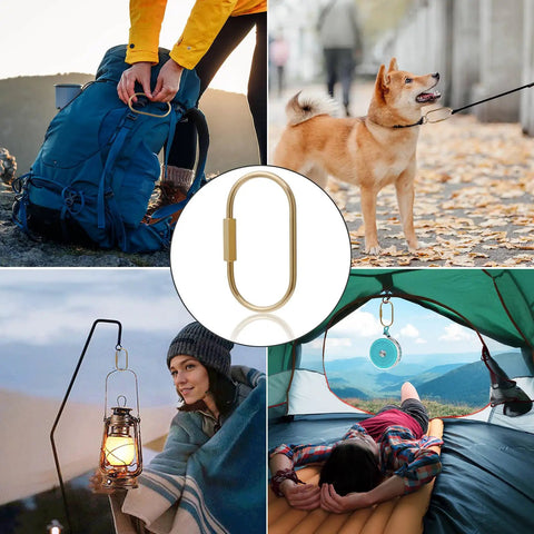 Collage showing Ten Piece Solid Gold Brass Key Rings Set With Locking Carabiner Clips used with backpack, lamp, and tent.