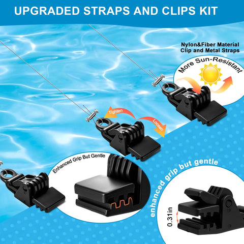 26 Piece Solar Pool Cover Strap Kit With Metal Bands And Beefy Nylon Clips built tough for reel mounting, showing enhanced clips in water.