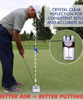 Golfer using Putting Mirror Alignment Training Aid For Golfers With Built In Eye Alignment Mirror And Stroke Path on green