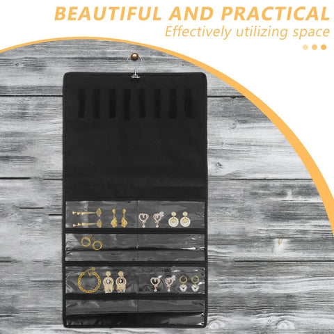 Double Sided Jewelry Hanging Storage Organizer Bag For Closet With Pouch Keeps Watches Ties Hair Accessories Locked Away For Hella Neat Dresser Vibes Forever. Black organizer displaying earrings and clips.