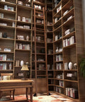Top Shelf Retractable Sliding Barn Door Track And Hella Smooth Rolling Ladder Hardware Kit Featuring Non Grip Round Tube Rails in a wooden library with books.