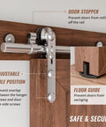 Detail of Rock Solid 5Ft Stainless Steel Sliding Barn Door Hardware Kit with door stopper and adjustable hole position.
