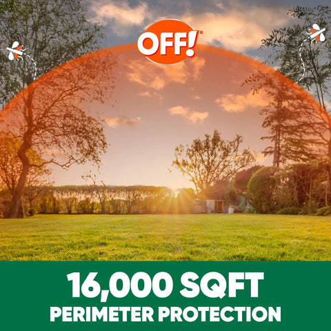 Backyard with sunset and trees under insect protection shield, highlighting 16,000 sq ft coverage with OFF! branding.