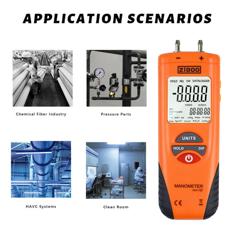 ZIBOO ET1013 digital manometer, orange handheld HVAC air/gas pressure tester with large backlit LCD