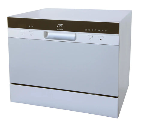 Sleek Compact Countertop Dishwasher With Delay Start And Seven Wash Cycles Portable Kitchen Essential Featuring Stainless Steel Interior six place setting capacity silver front view
