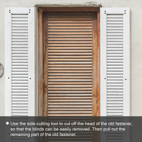 Contractor Grade 3 Inch Vinyl Shutter Fasteners With Reverse Barb Design Sunproof Black Shutter Spike Anchors installed on window.