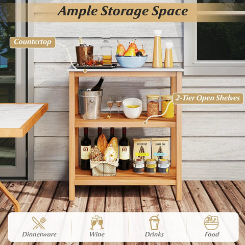Outdoor Wooden Sideboard With Marble Look Countertop And Three Tier Acacia Buffet Organizer For Patio Yard Ready Potting Bench And Plant Stand For Backyard Garden And Deck Entertaining And Storage showcasing ample storage space with drinks and accessories.