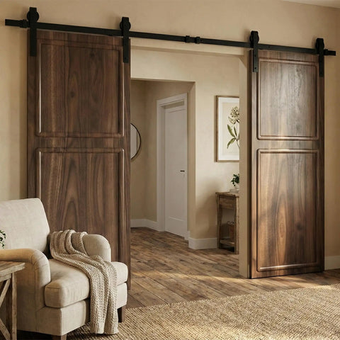 Top Tier Double Sliding Barn Door With Track And Complete Hardware Set For Closets Slick Slide American Made HDF Core in living room.
