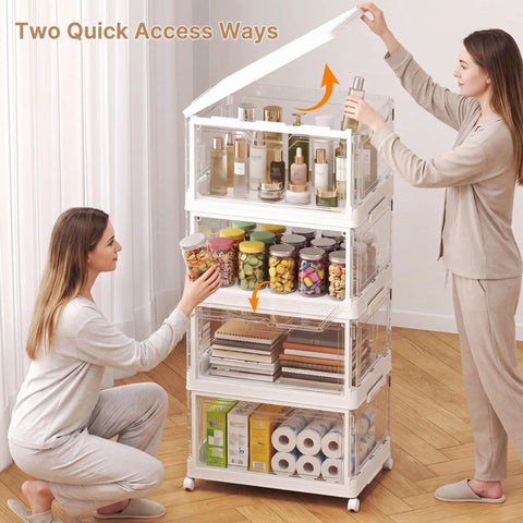 Hella Roomy 92 Quart Clear Plastic Storage Bins With Snap Lids, 4 Pack Stackable Tote Containers, Solid Setup Organization For Nooks And Corners, Legit Game Changer, showcasing a woman organizing jars and supplies.