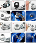 Fresh Threads Pearl Snap Button Kit With 5 Prong Fasteners And Heavy Duty Plier showing installation steps on fabric.