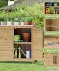 Outdoor Potting Bench With Metal Tabletop And Double Doors Garden Work Bench for Backyard Patio Lawn, showing storage features