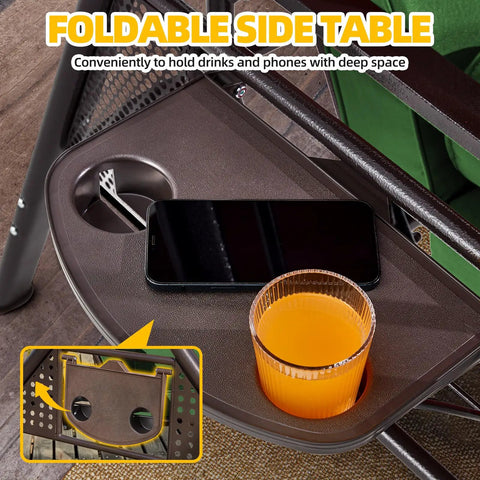 Foldable side table with cup holder on 3 Seat Patio Swing With Canopy Convertible Outdoor Swing Bed With Thick Cushions And Pillows Cup Holders 135 Degree Adjustable Hardtop Canopy Shade For Backyard Garden Or Deck Green.