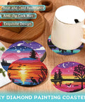Eight Piece Diamond Art Coaster Kit With Holder Landscape Themed Full Drill Rhinestone Coasters displayed with a mug on a table.