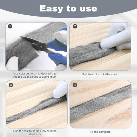 Step-by-step use of Steel Wool Mice Blocker Kit With 20 Ft Stainless Steel Wool Fill Roll for gap sealing.