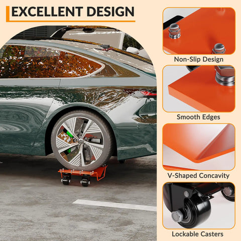 Heavy Duty 4 Piece Wheel Dollies Set 8000 Lb Capacity with non-slip design under a car tire in a workshop.